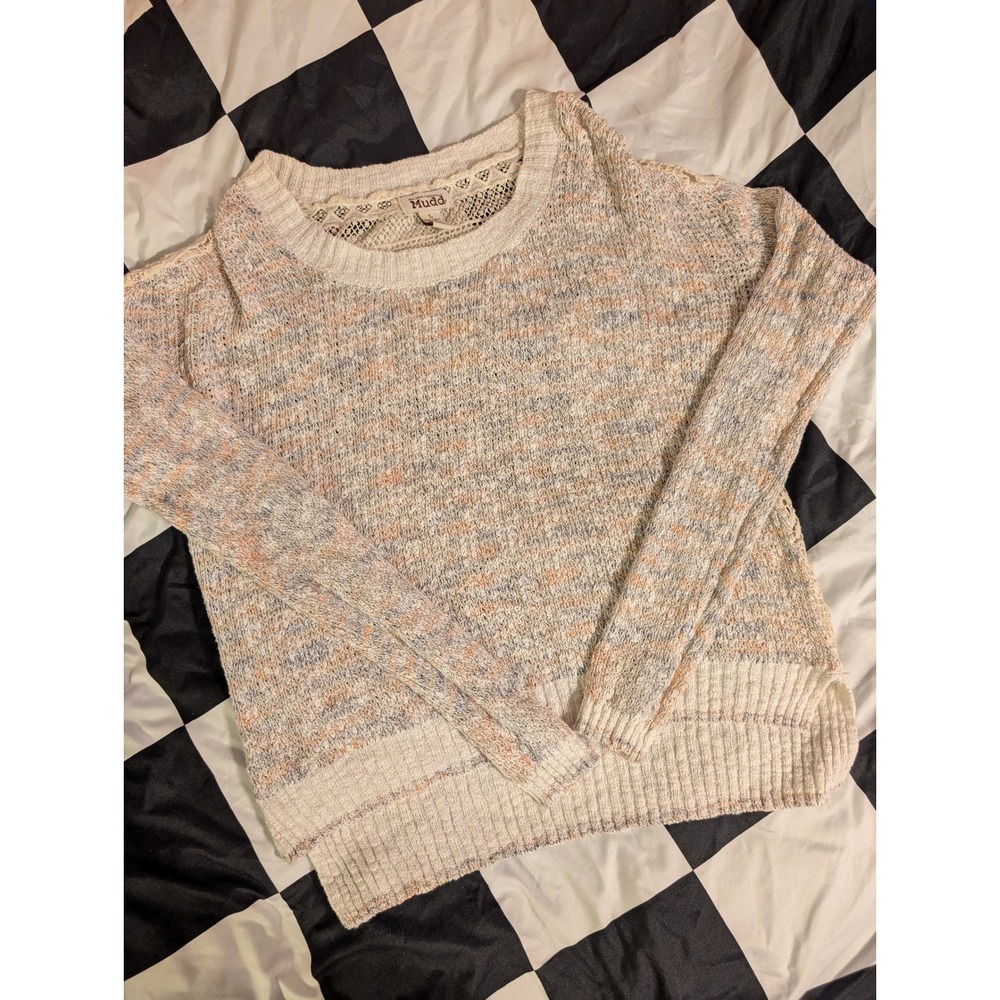 Mudd Multicolored Speckled Knit‎ Sweater Lace Trim Boat Neck Long Sleeve